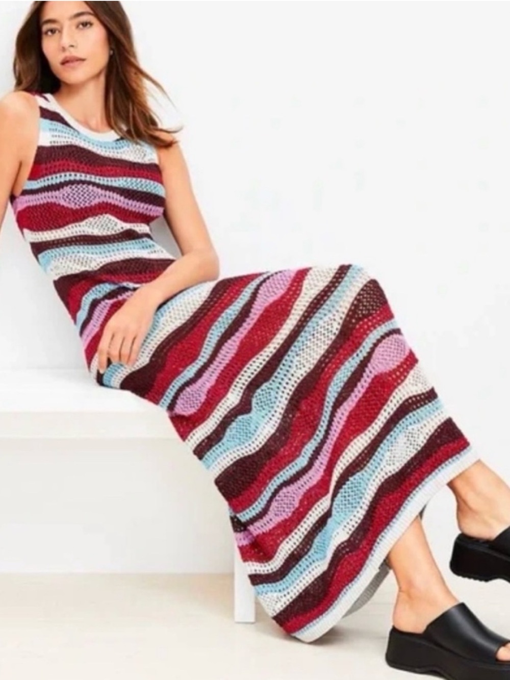 NWT Loft Beach Shimmer Waved Striped Crochet Knit Maxi Dress